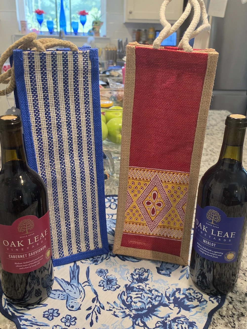 Handcrafted Red and Blue Jute Wine Bags - Stylish Home Accents